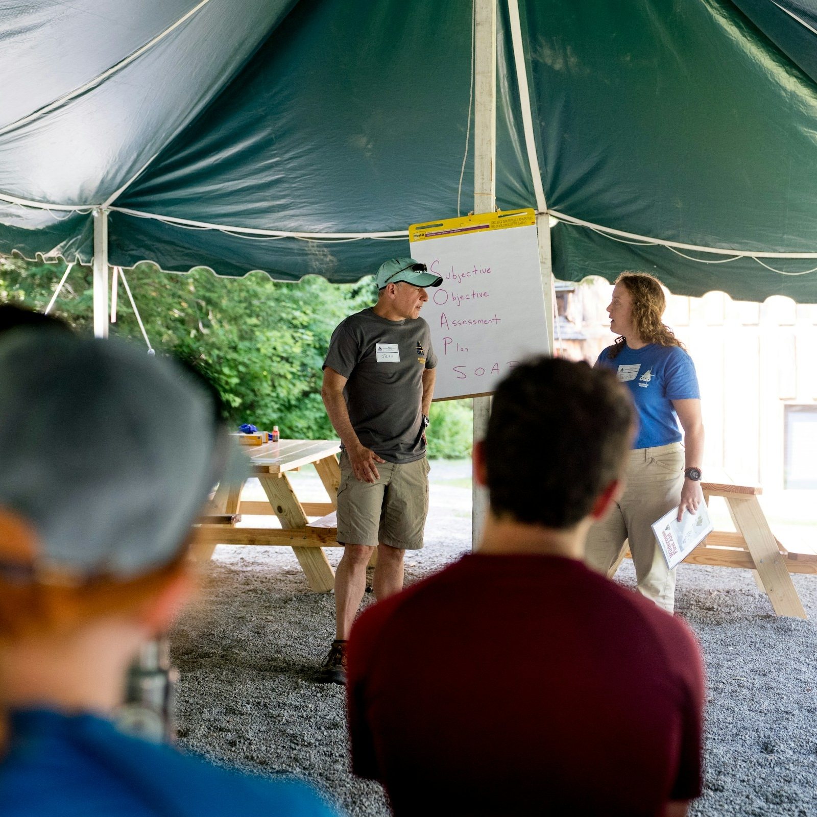 Two facilitators presenting at a flip chart during a workshop